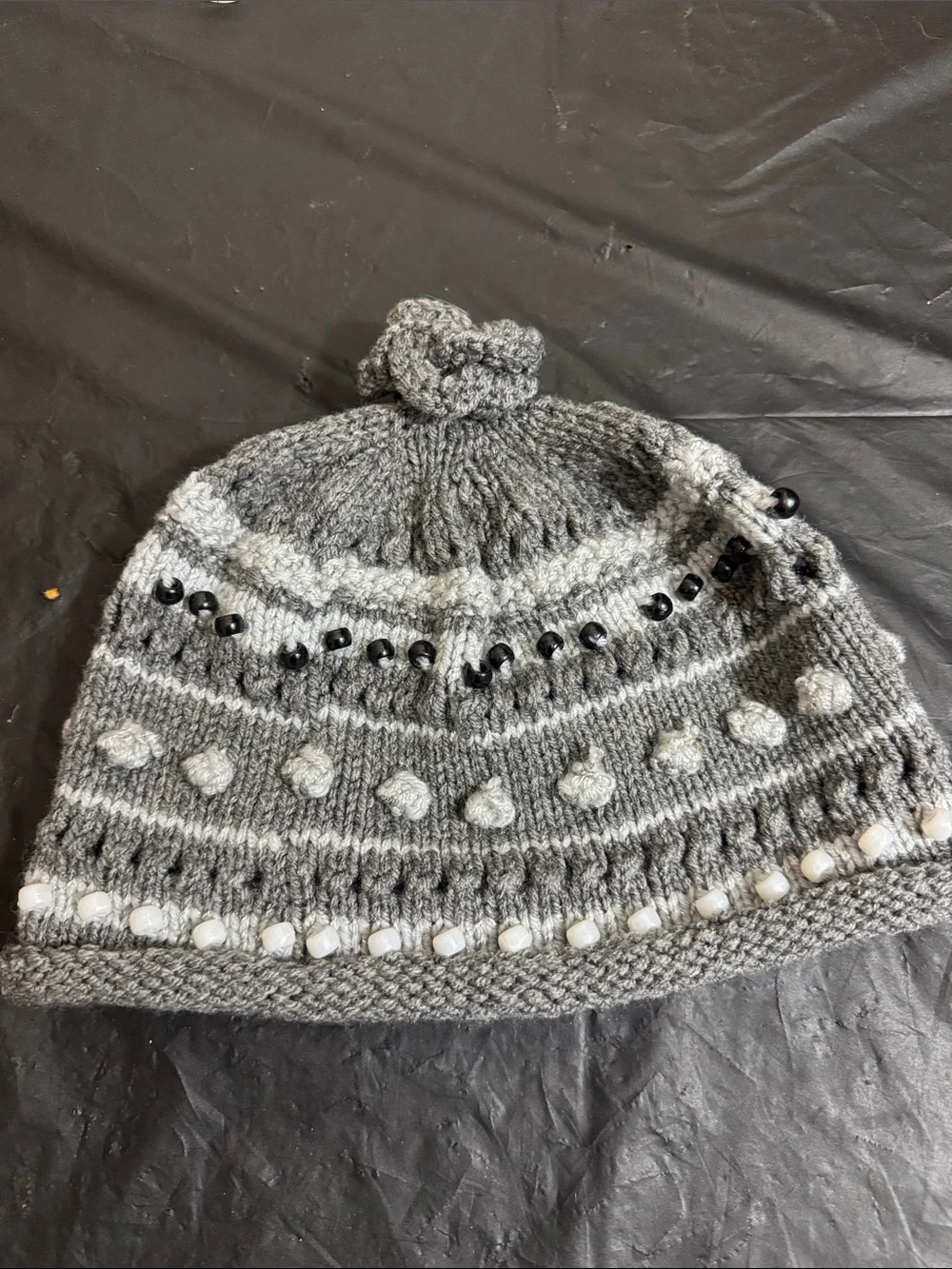 Handmade Gray Knit Kids Beanie with Bead & Pom Detail Shades of Grey OSFM